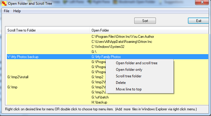 Folder List to open folder bookmarks in Windows Exploror or Dual Panes